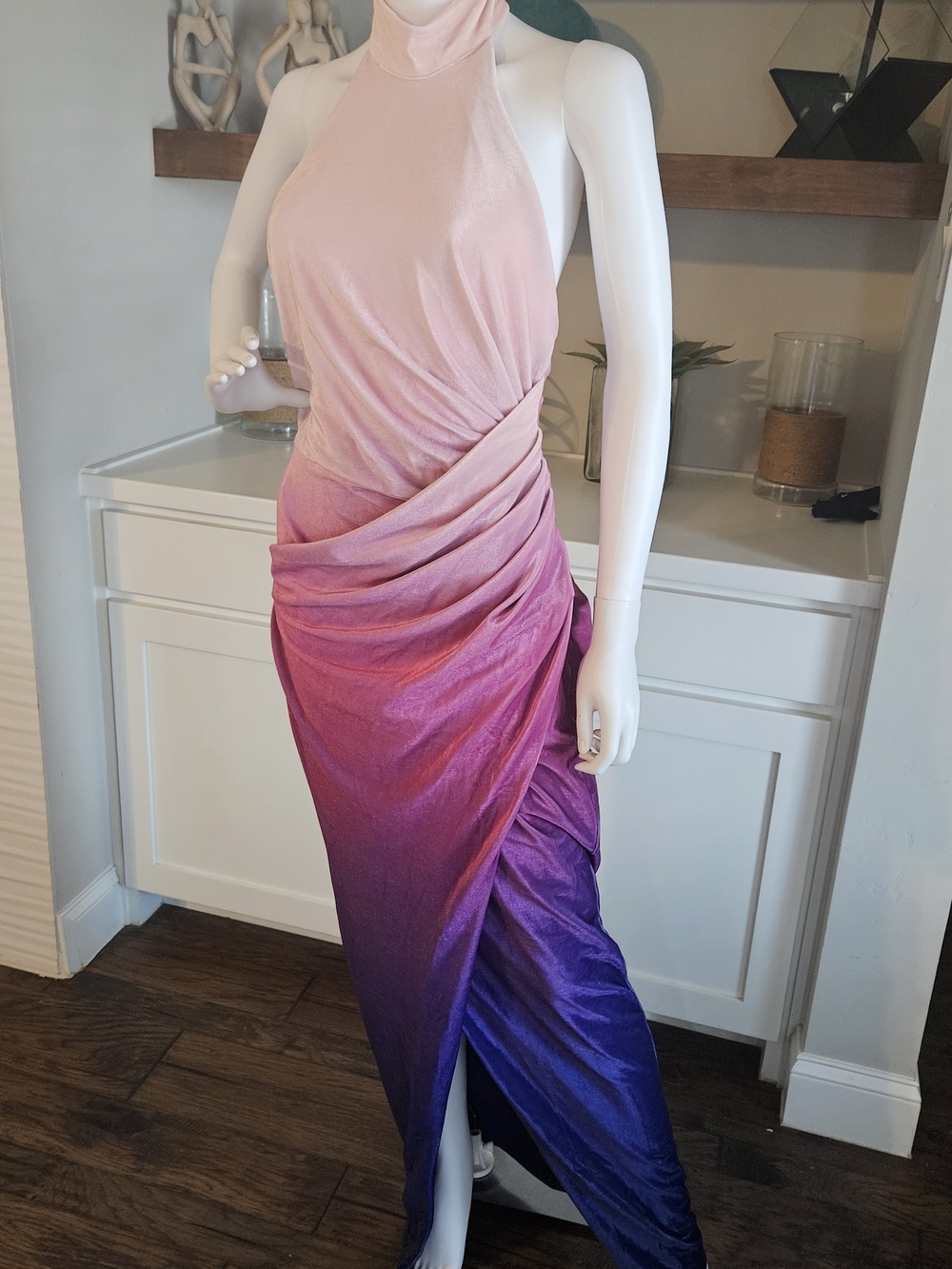 JLUXLABEL Velvet Halter Dress in Rose-Purple Ombre